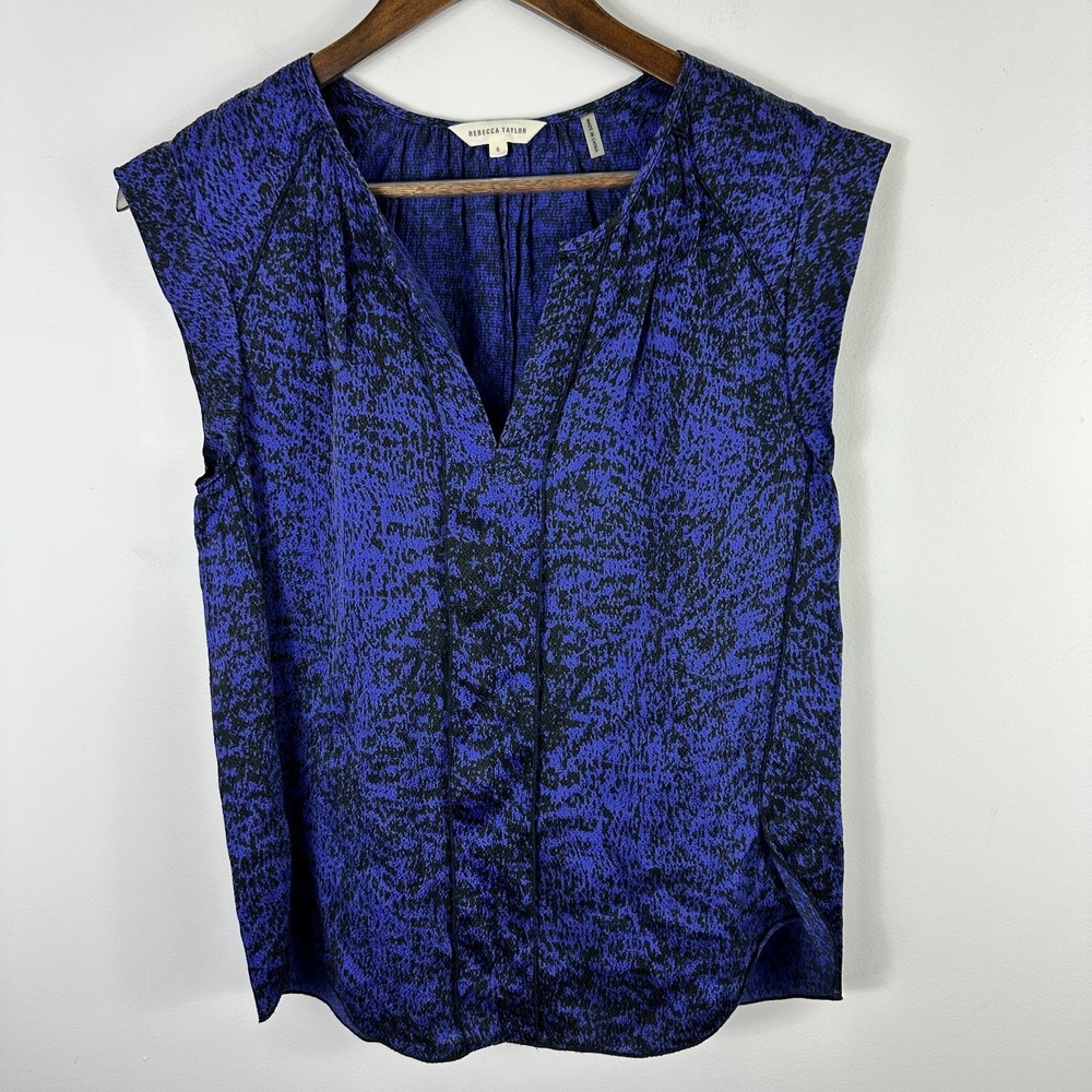 Rebecca Taylor Silk Top Womens 6 Sleeveless Purple Black V Neck Office Chic